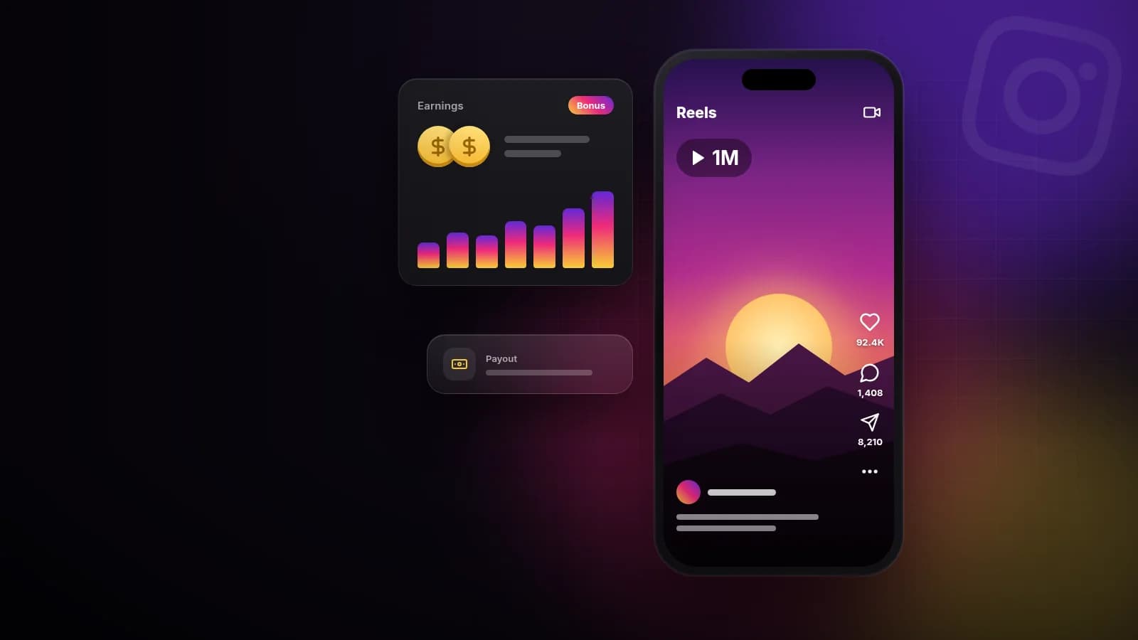 Illustration of an Instagram Reel with 1M plays next to an earnings card with a bonus badge