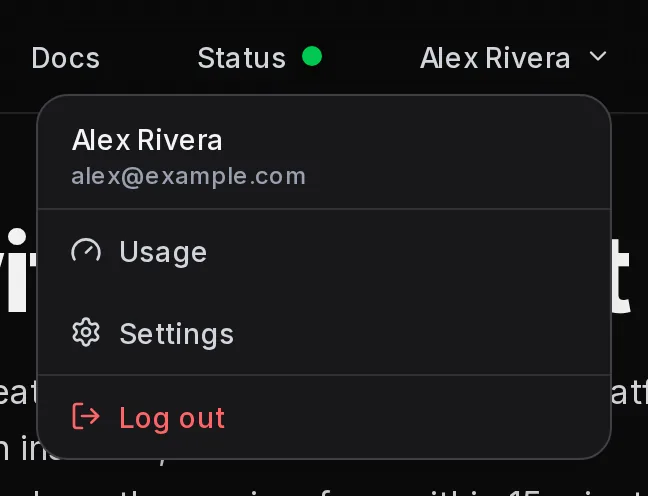 The account menu open under the name Alex Rivera, showing the email alex@example.com and the items Usage, Settings and Log out