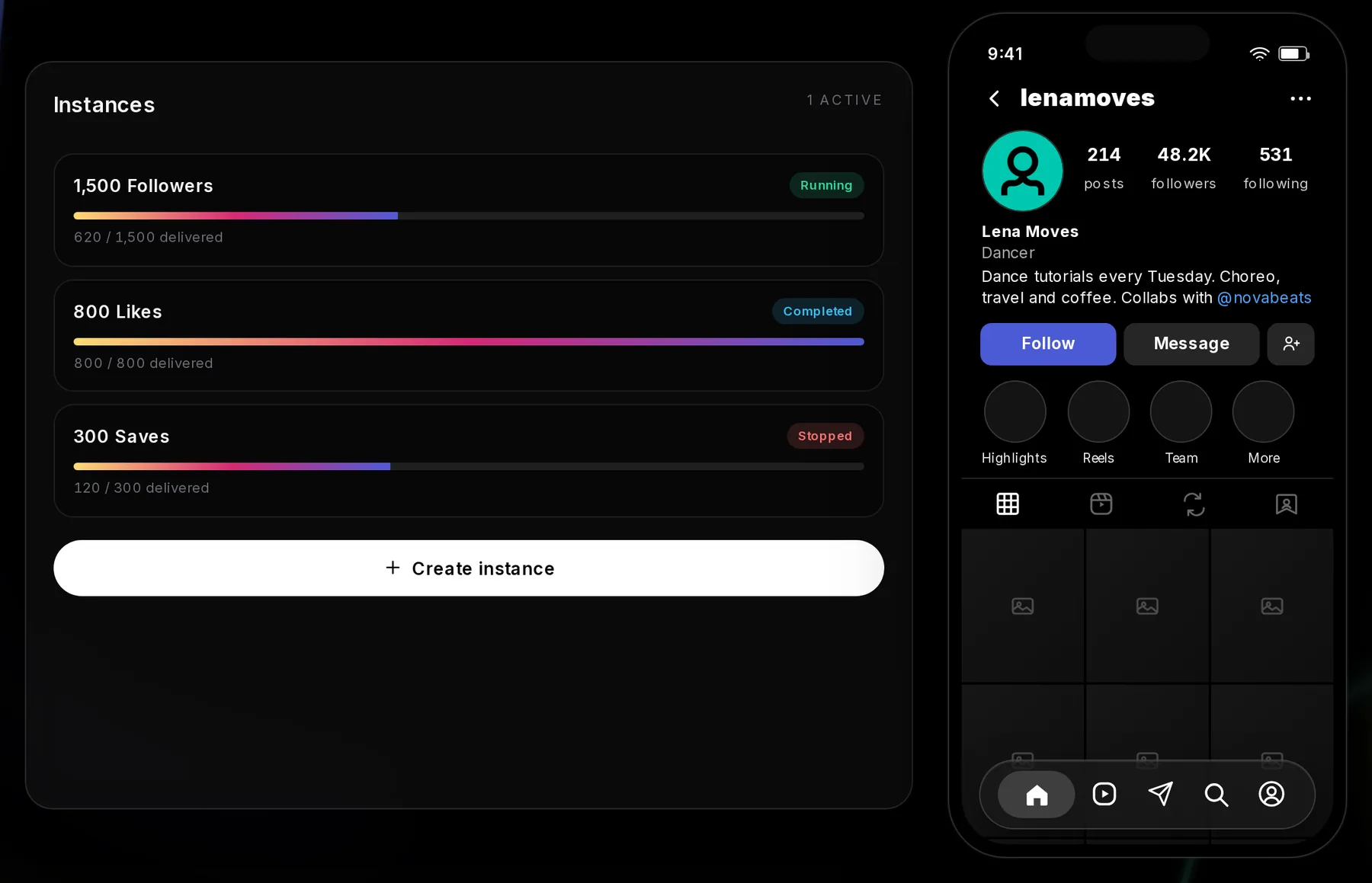 An Instagram channel page with the Instances list reading 1 active: 1,500 Followers Running, 800 Likes Completed and 300 Saves Stopped, and a Create instance button