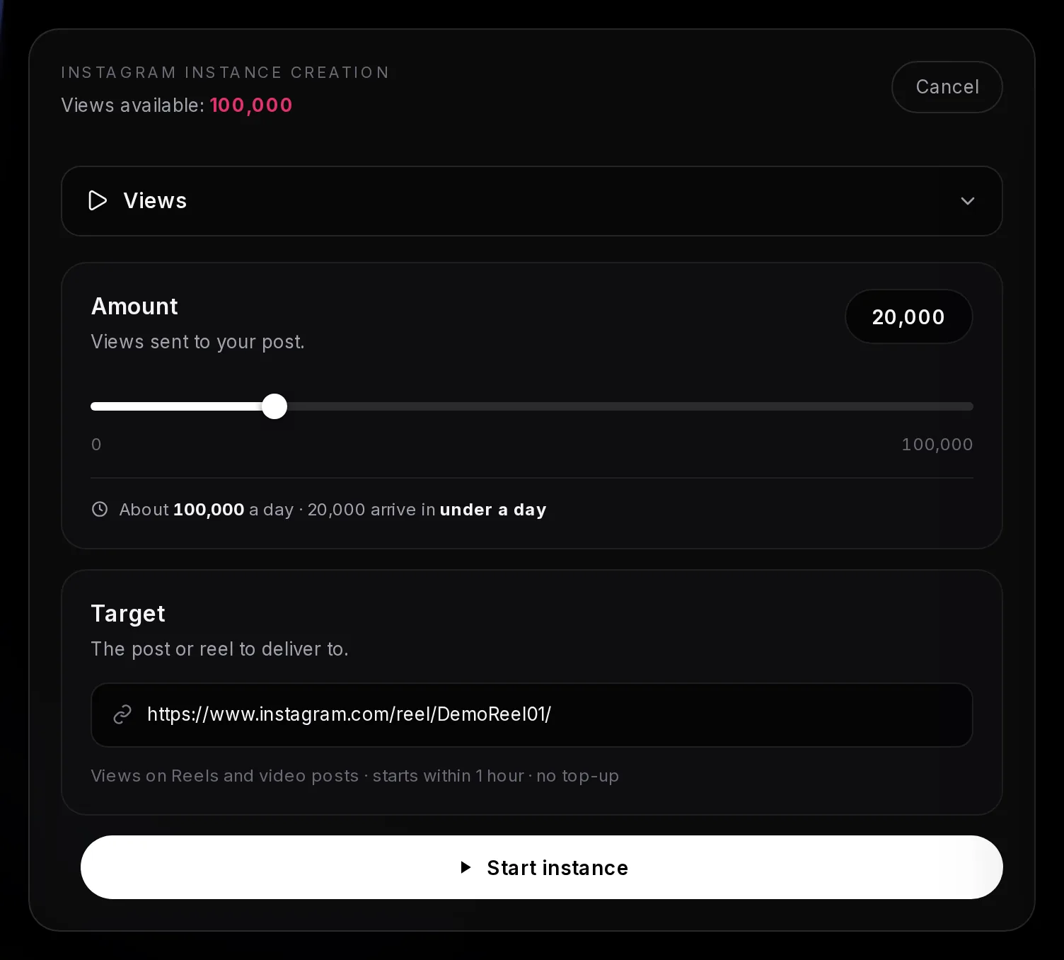 The Instagram instance form with Views at 20,000 on a Reel link, the delivery estimate, and the delivery note with the start time and top-up