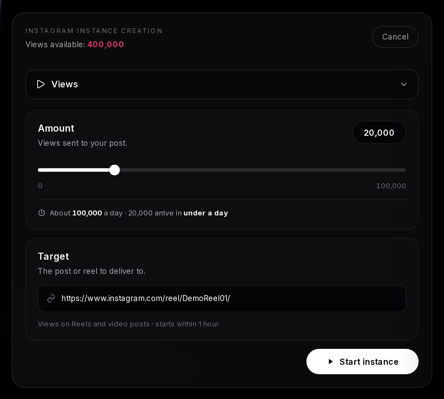 The Instagram instance form with Views at 20,000 on a Reel link, the delivery estimate, and the delivery note with the start time