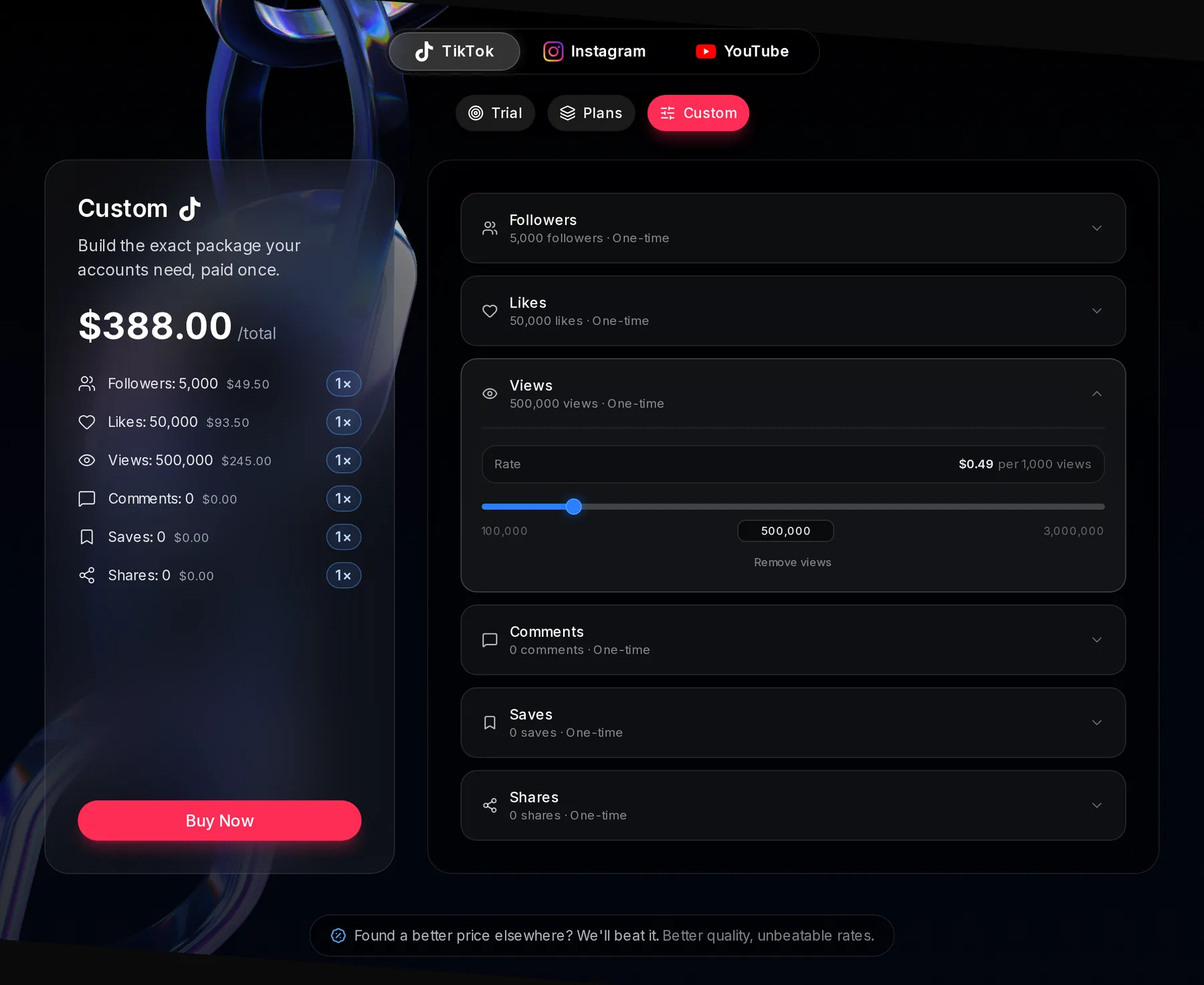 The TikTok Custom builder with 5,000 followers at $49.50, 50,000 likes at $93.50 and 500,000 views at $245.00, a one-time total of $388.00, and the Views row open at a rate of $0.49 per 1,000 views