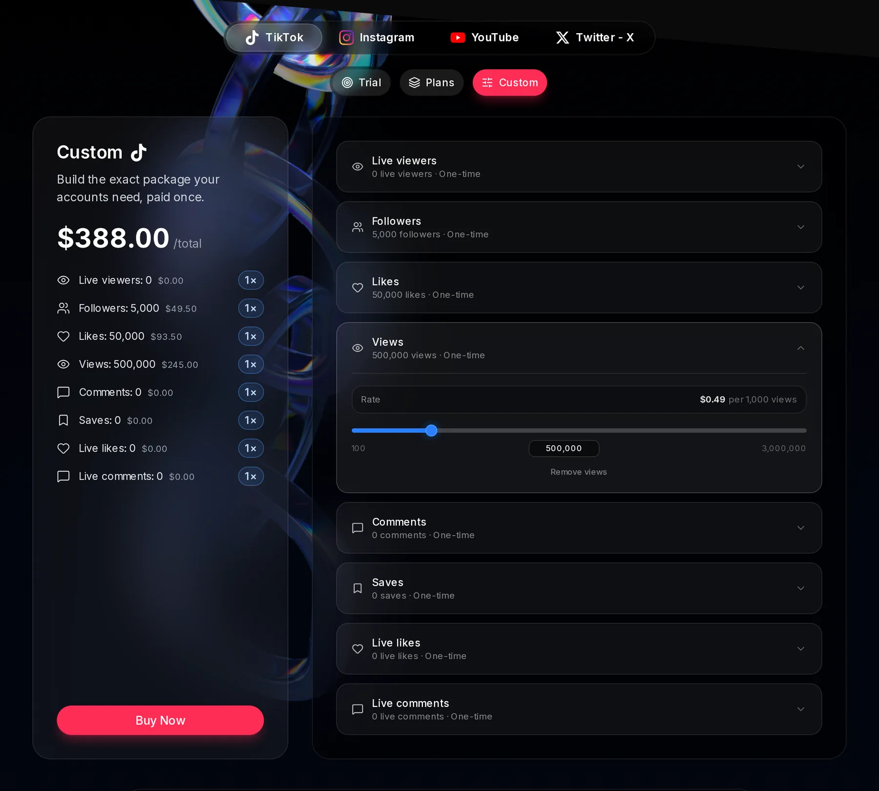The TikTok Custom builder with 5,000 followers at $49.50, 50,000 likes at $93.50 and 500,000 views at $245.00, a one-time total of $388.00, and the Views row open at a rate of $0.49 per 1,000 views