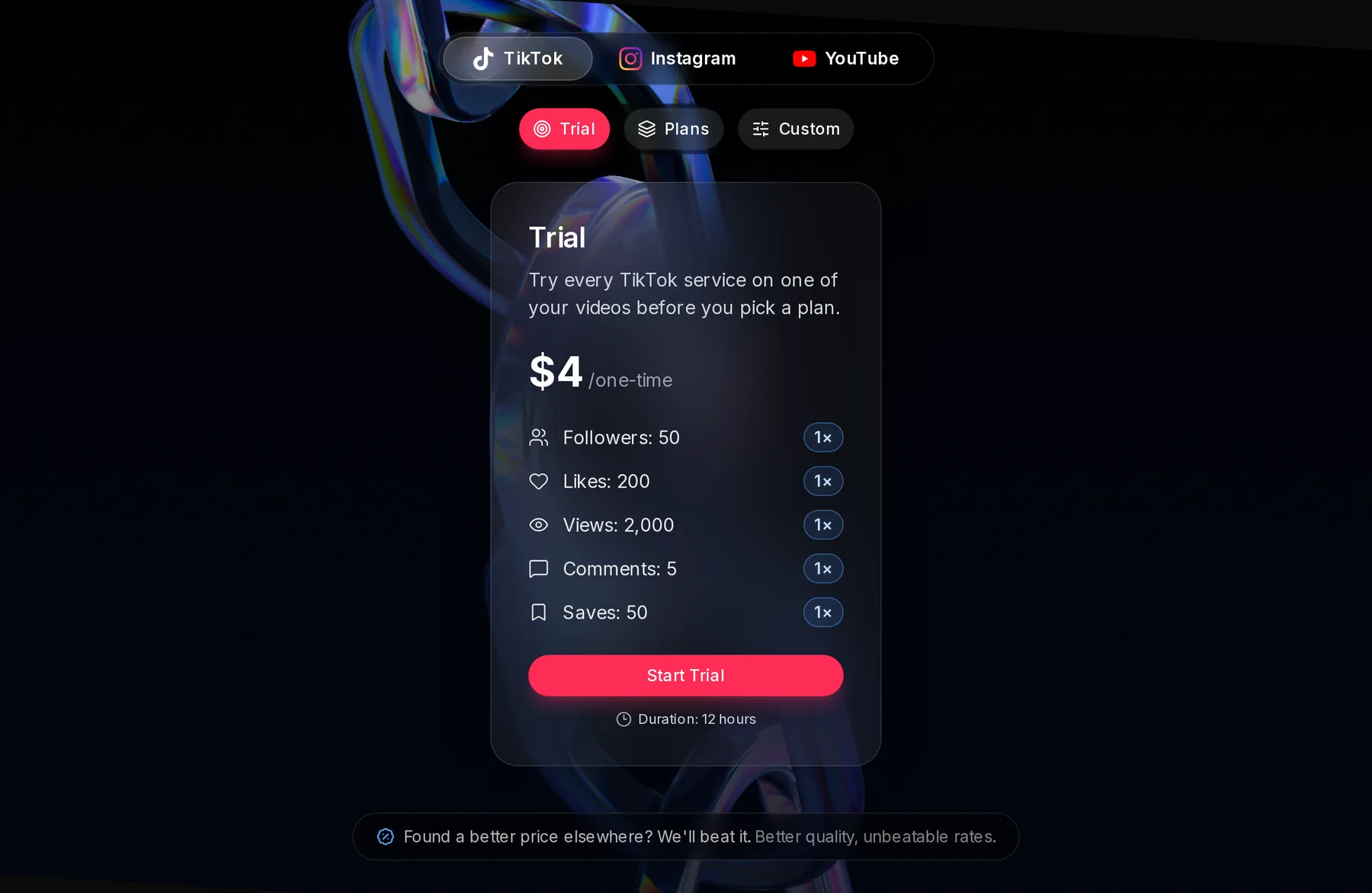The TikTok Trial card: $4 one-time, Followers 50, Likes 200, Views 2,000, Comments 5 and Saves 50, each with a 1× badge, a Start Trial button and Duration: 12 hours