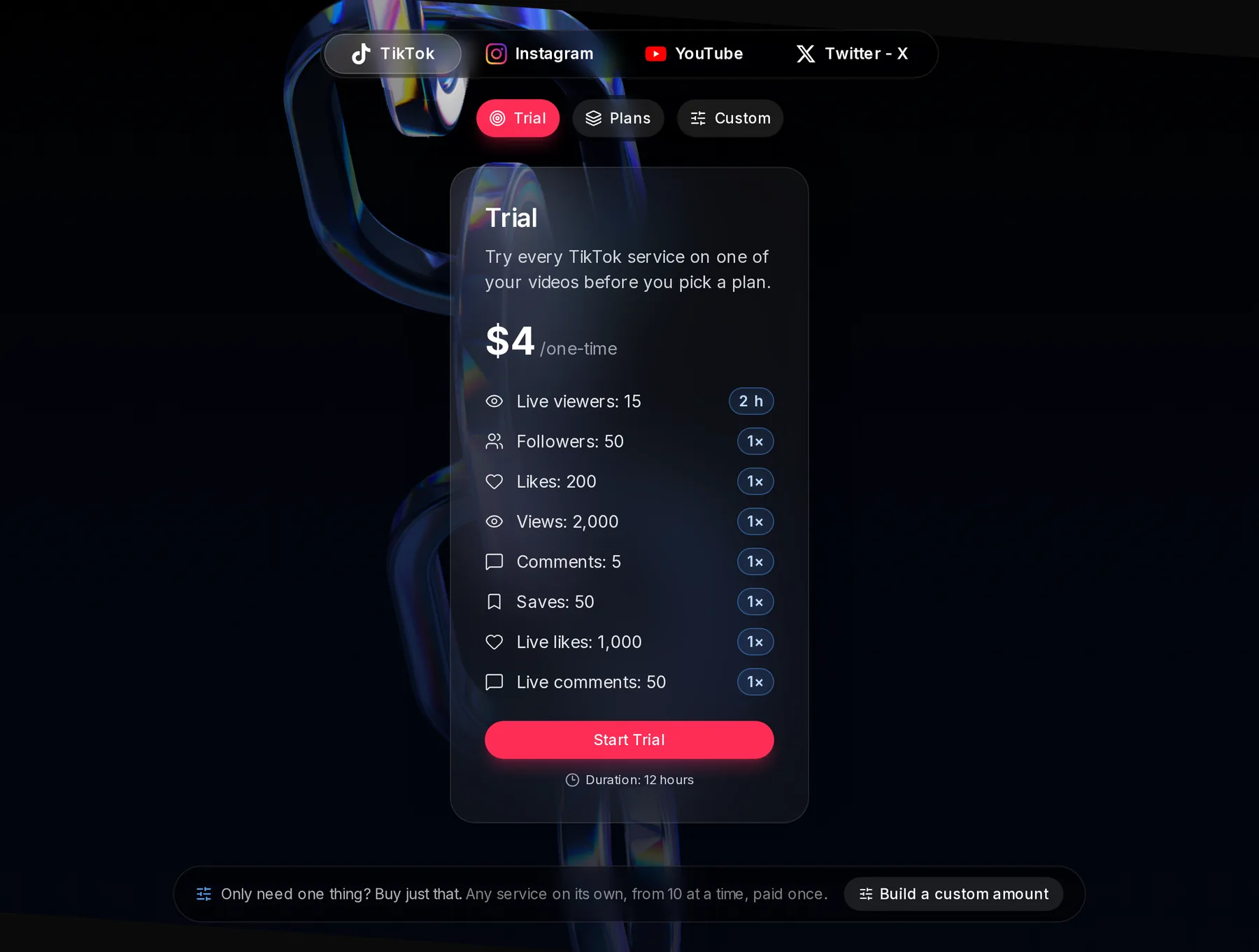 The TikTok Trial card: $4 one-time, Followers 50, Likes 200, Views 2,000, Comments 5 and Saves 50, each with a 1× badge, a Start Trial button and Duration: 12 hours