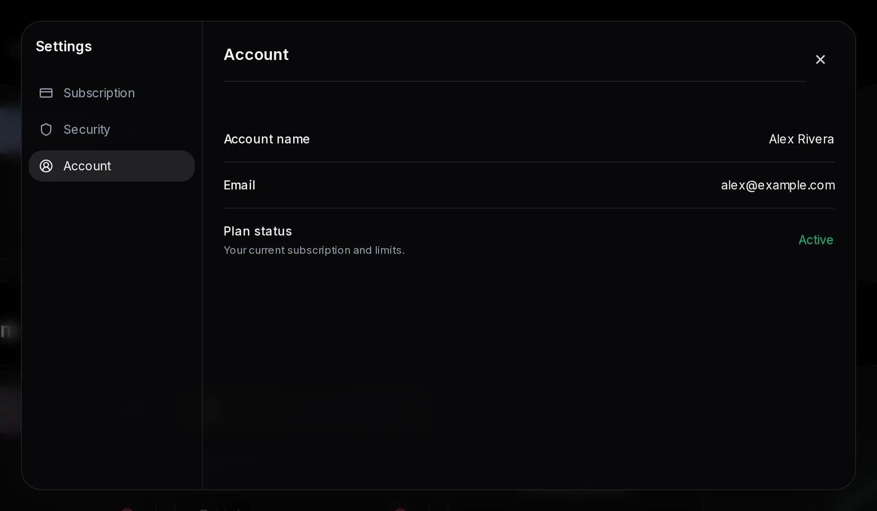 Settings on the Account tab showing Account name Alex Rivera, Email alex@example.com and Plan status Active