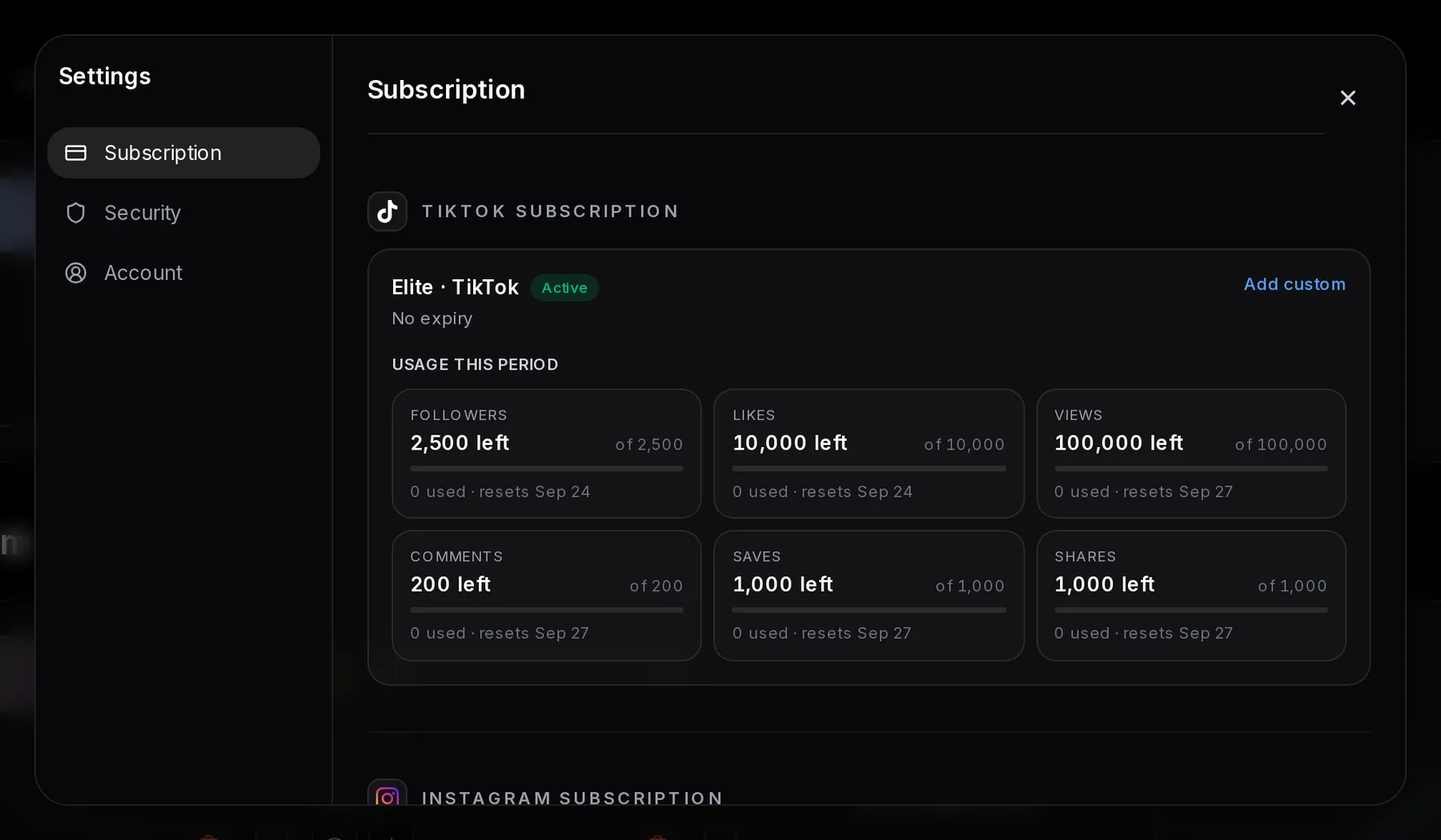 Settings on the Subscription tab showing TikTok subscription Elite (monthly) · TikTok, Active, Renews on Oct 17, 2026, with tiles for Followers 10,000 left and 0 used, Likes, Views, Comments, Saves and Shares, and the Instagram plan below