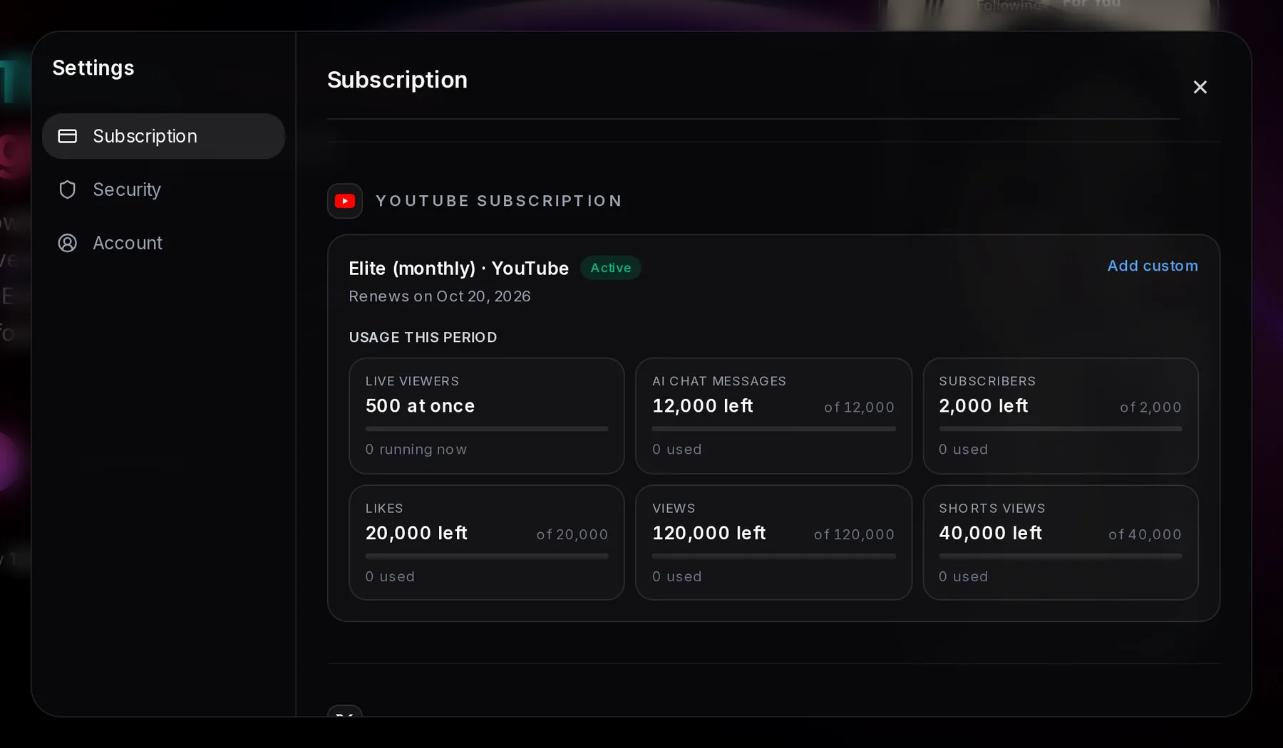 The YouTube block of the Subscription tab: Elite (monthly) · YouTube with tiles for Live viewers 500 at once with 0 running now, AI chat messages 12,000 left, Subscribers, Likes and Views