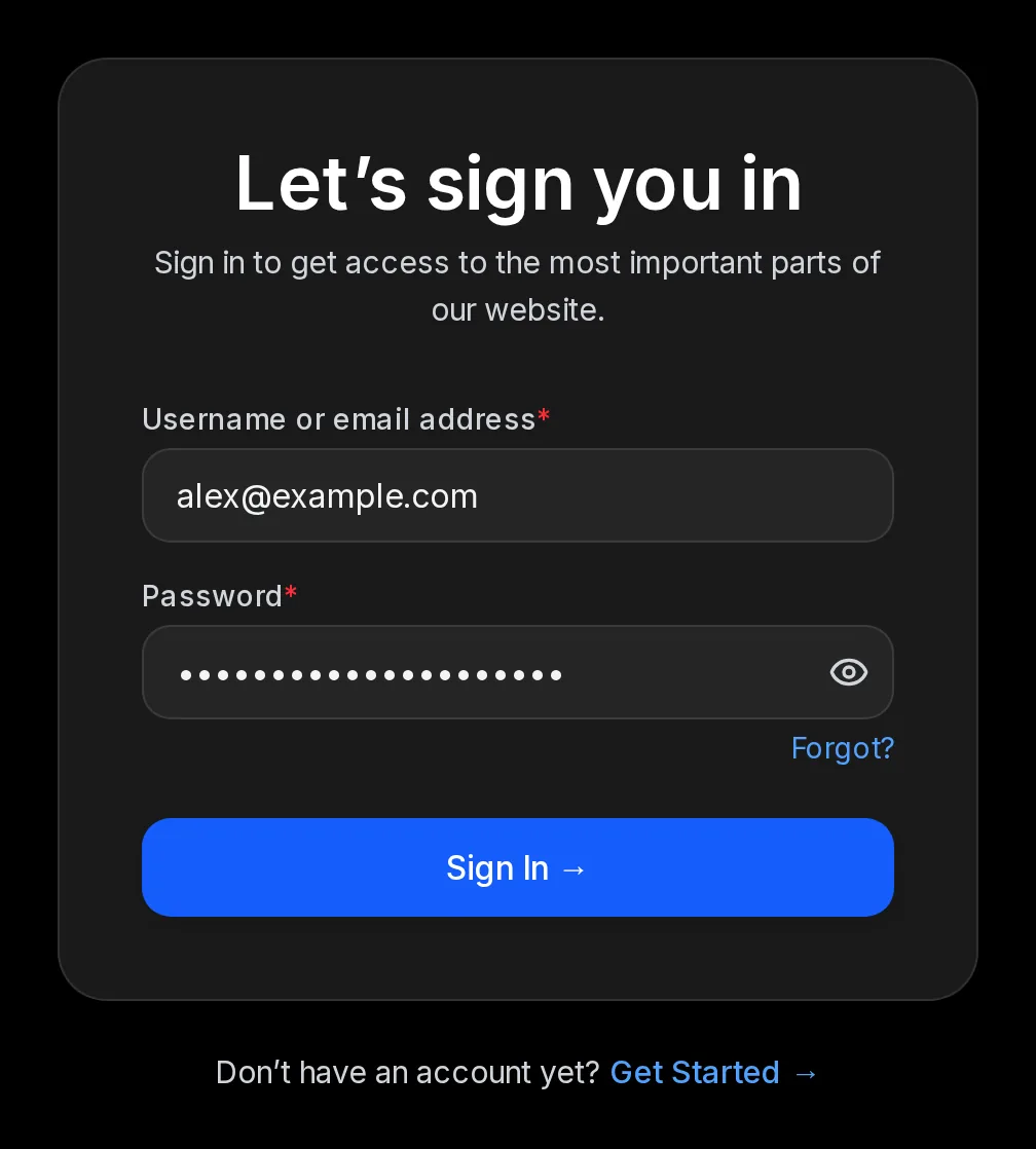 The Socialbot sign-in form headed Let’s sign you in, with Username or email address and Password filled in, a Forgot? link and a Sign In button