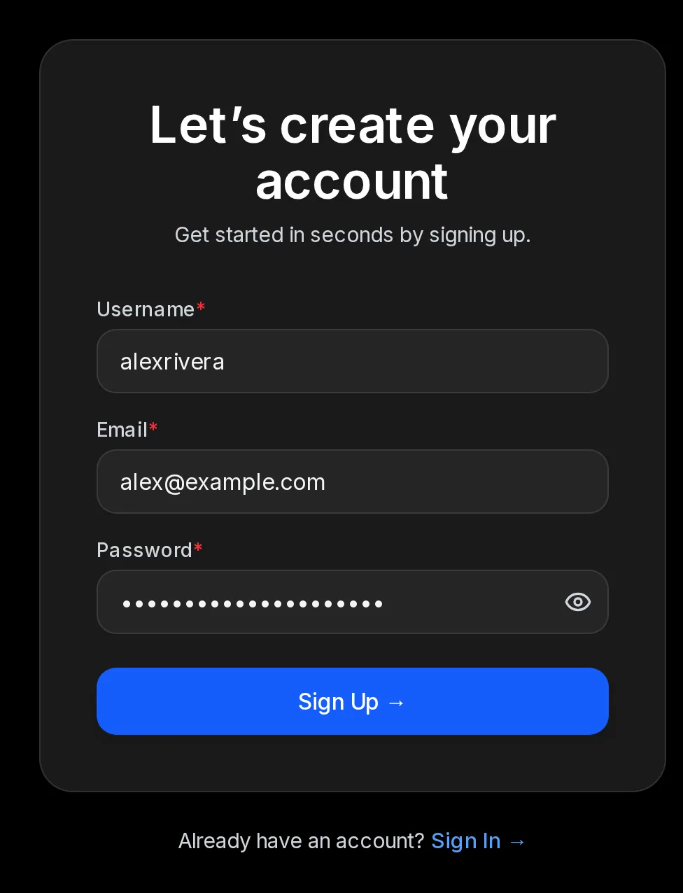 The Socialbot sign-up form headed Let’s create your account, with Username, Email and Password filled in and a Sign Up button below them