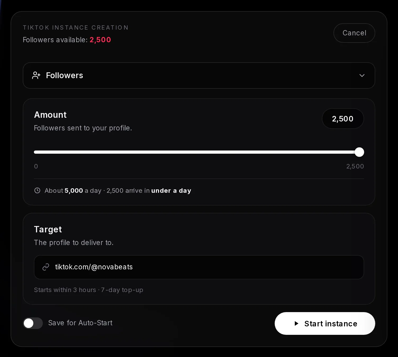 The TikTok instance form with Followers selected, 2,500 on the slider out of 10,000 available, a pace line saying 2,500 take under a day, the profile link as target and a Start instance button