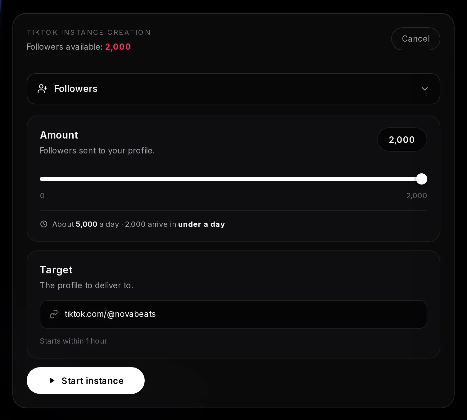The TikTok instance form with Followers selected, 2,500 on the slider out of 14,000 available, a pace line saying 2,500 take under a day, the profile link as target and a Start instance button