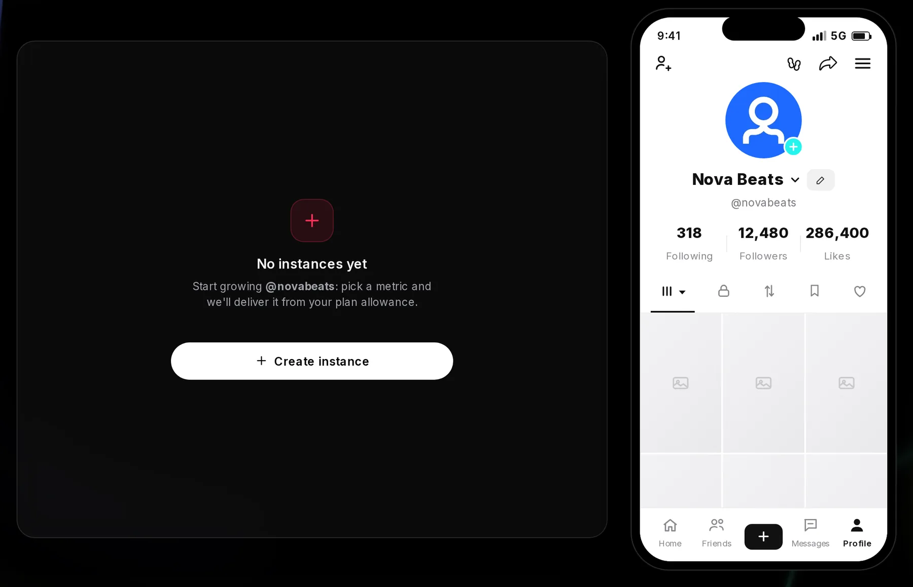 A TikTok channel page reading No instances yet, Start growing @novabeats, with a Create instance button, and a phone preview of the profile showing Following, Followers and Likes