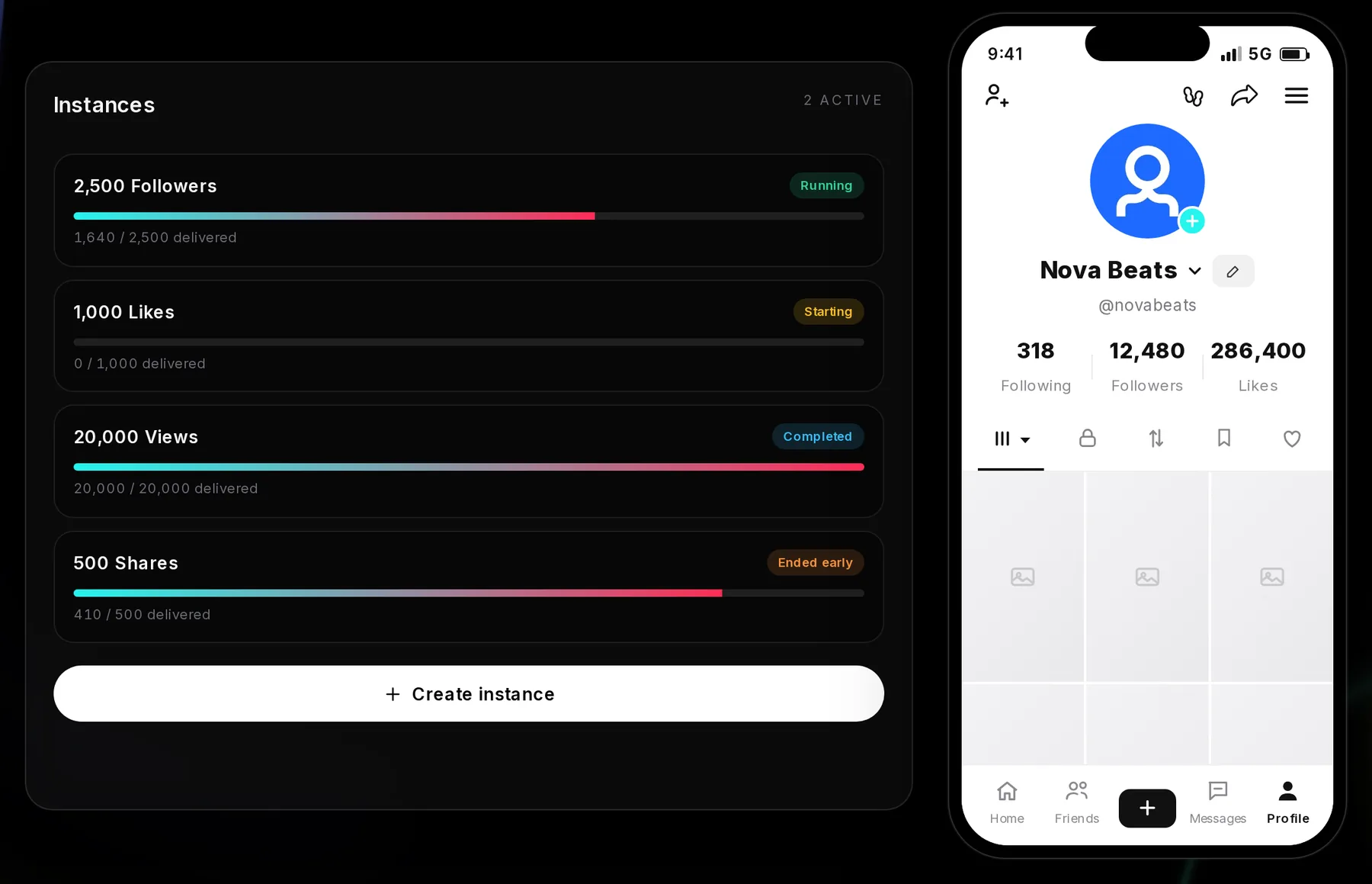 The TikTok channel page listing four instances: 2,500 Followers Running with 1,640 delivered, 1,000 Likes Starting, 20,000 Views Completed and 500 Shares that ended early, with a Create instance button below