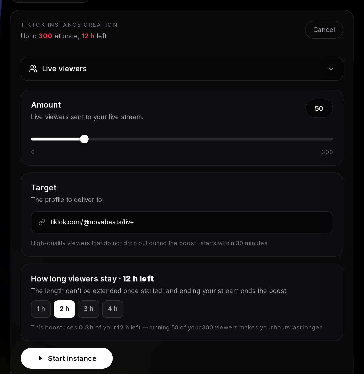 The TikTok instance form with Live viewers selected on an Elite week: up to 300 at once and 12 h left, 50 viewers, the live page as the target, 2 h picked as the length, and a note that this boost uses 0.3 h of the 12 h left
