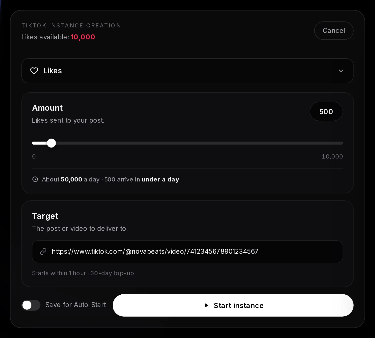 The TikTok instance form with Likes selected at 500, a TikTok video link pasted into the Target field, the delivery note with the start time and top-up, and the Start instance button