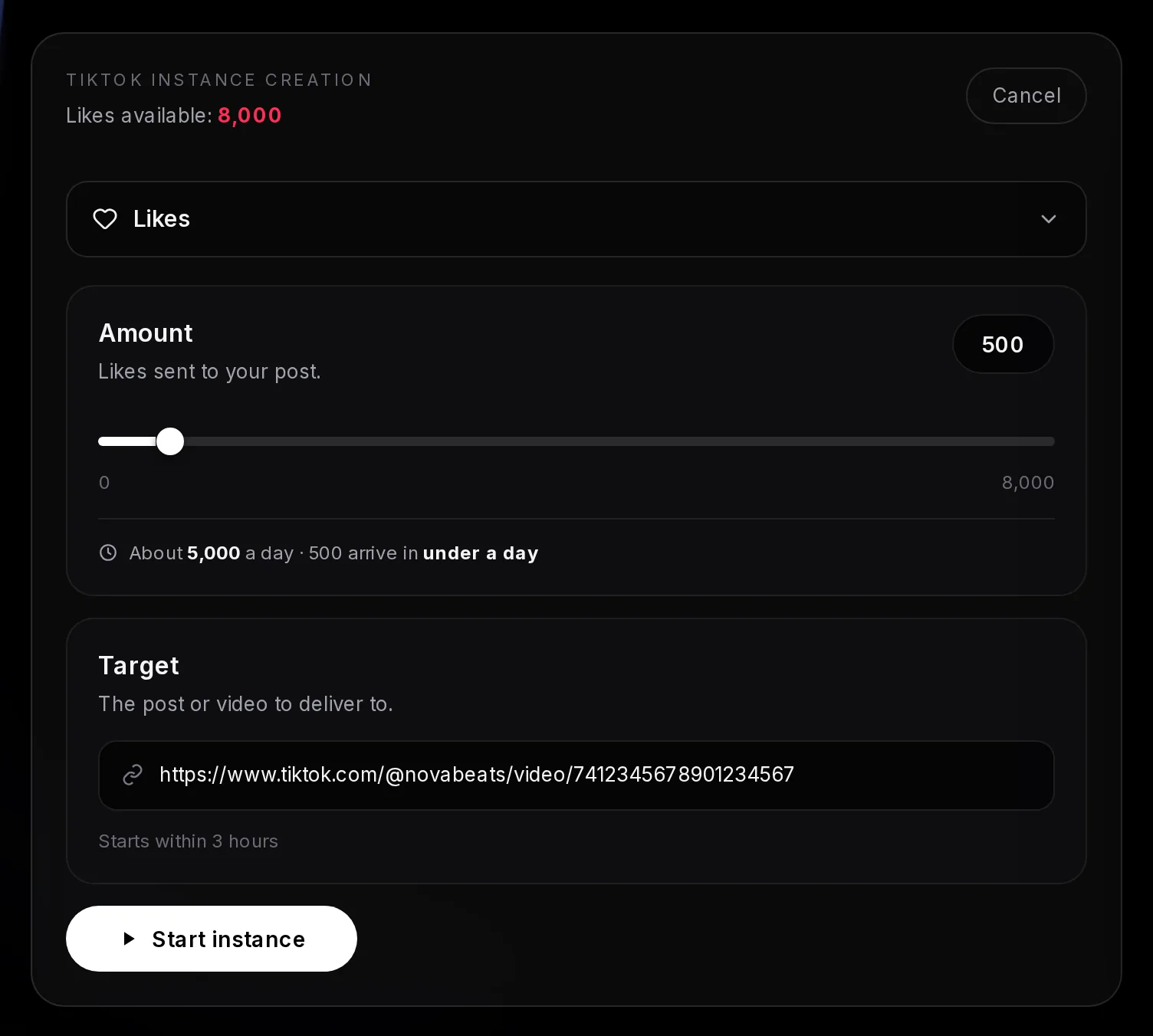 The TikTok instance form with Likes selected at 500, a TikTok video link pasted into the Target field, the delivery note with the start time, and the Start instance button