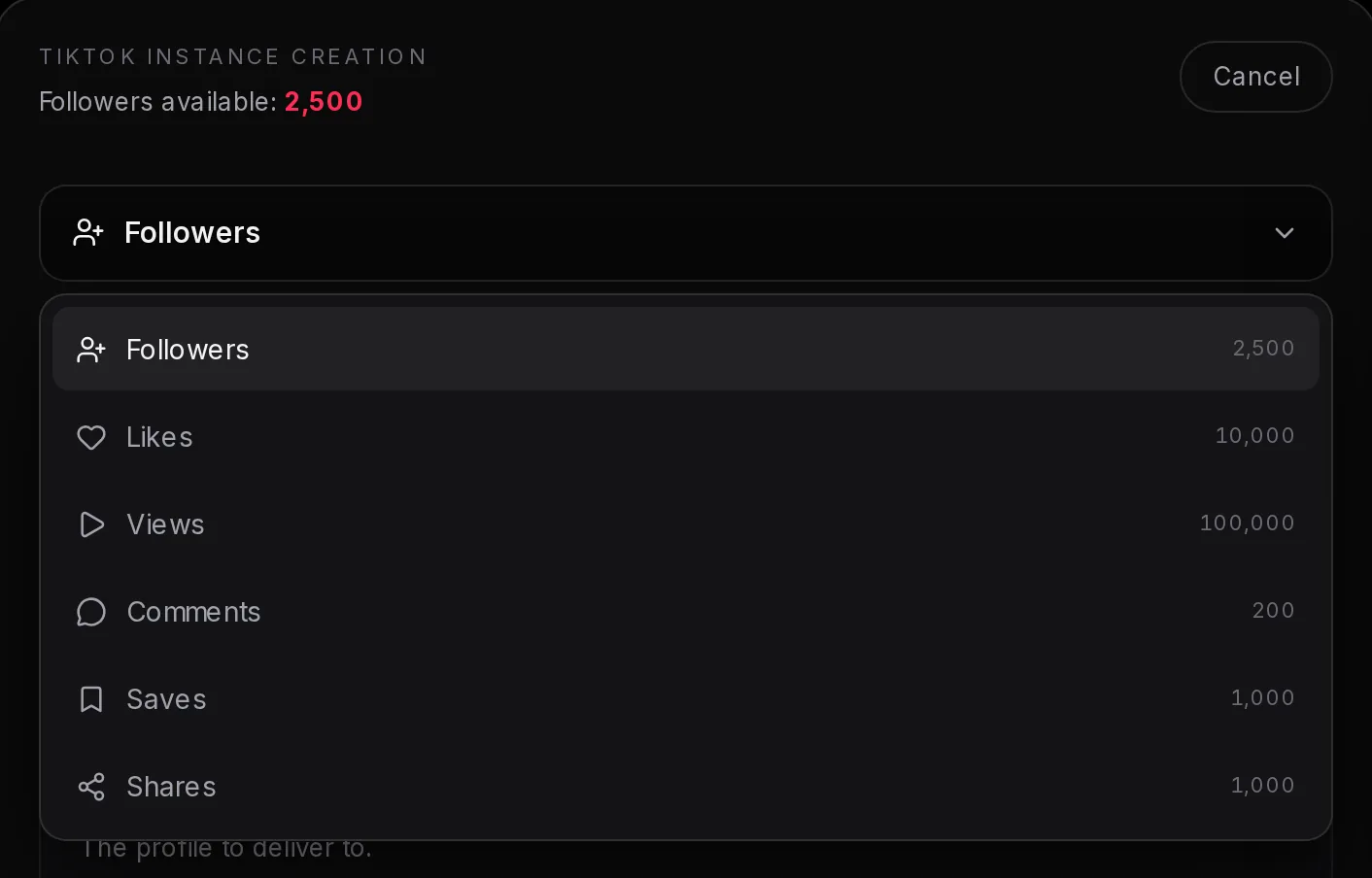 The TikTok service picker open, listing Followers 10,000, Likes 40,000, Views 400,000, Comments 800, Saves 4,000 and Shares 4,000