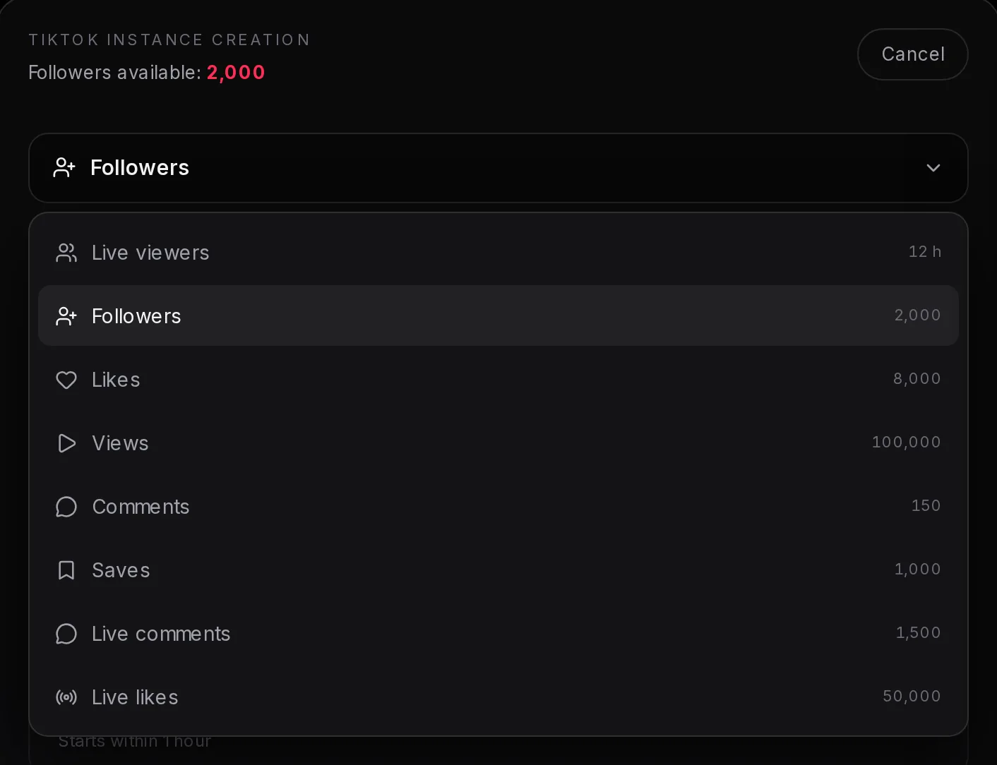 The TikTok service picker open on an Elite week, listing Live viewers 12 h, Followers 2,000, Likes 8,000, Views 100,000, Comments 150, Saves 1,000, Live comments 1,500 and Live likes 50,000