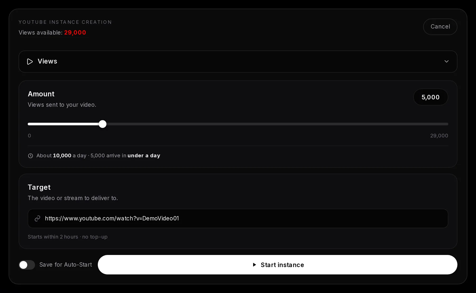 The YouTube form with Views at 5,000 on a pasted video link, a pace of about 10,000 a day, the delivery note with the start time and top-up, and Start instance