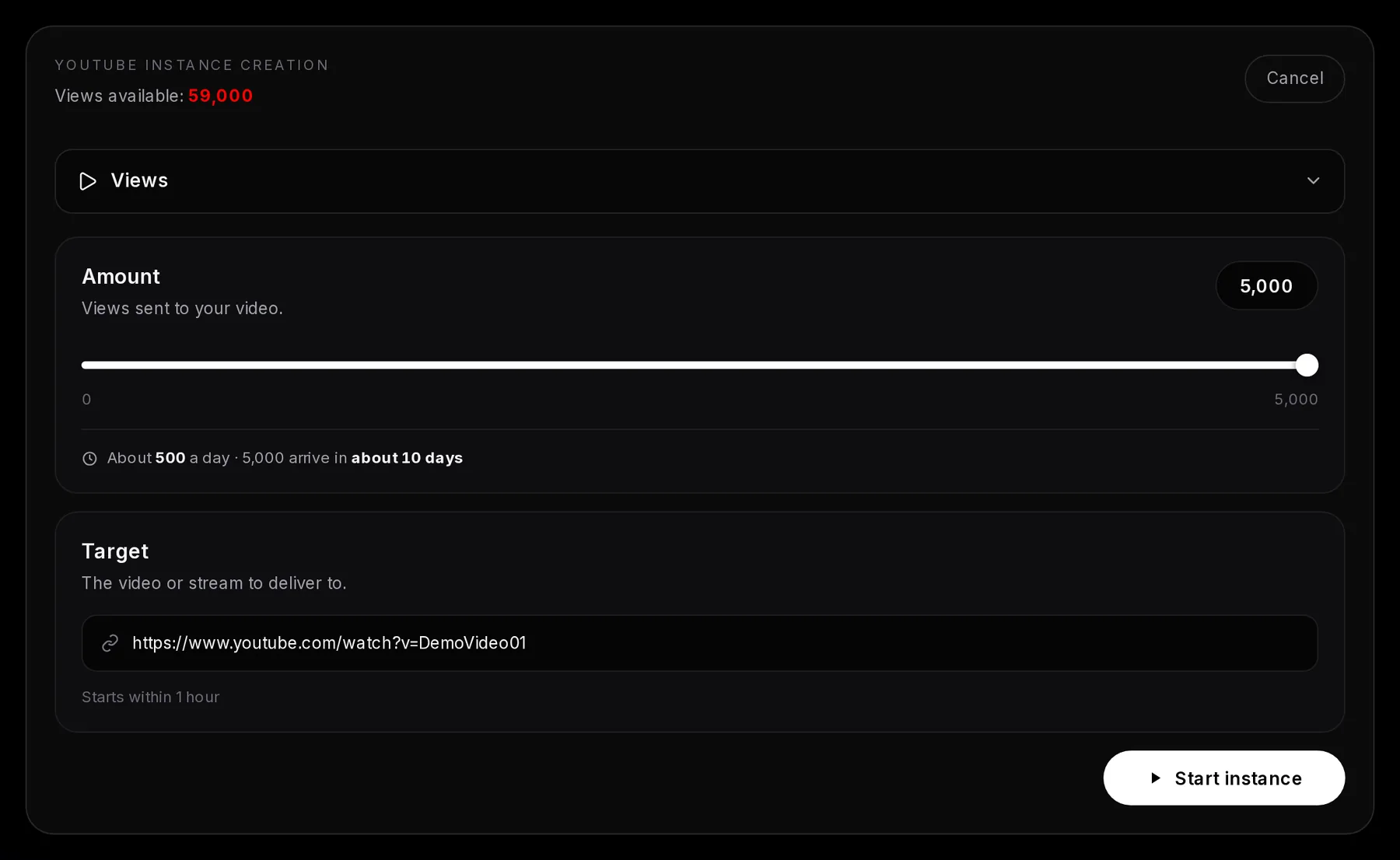 The YouTube form with Views at 5,000 on a pasted video link, the daily pace and how long that amount takes, the delivery note with the start time, and Start instance