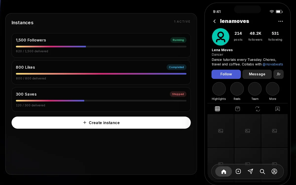 An Instagram account on the Socialbot dashboard: followers, likes and saves instances next to a preview of the profile