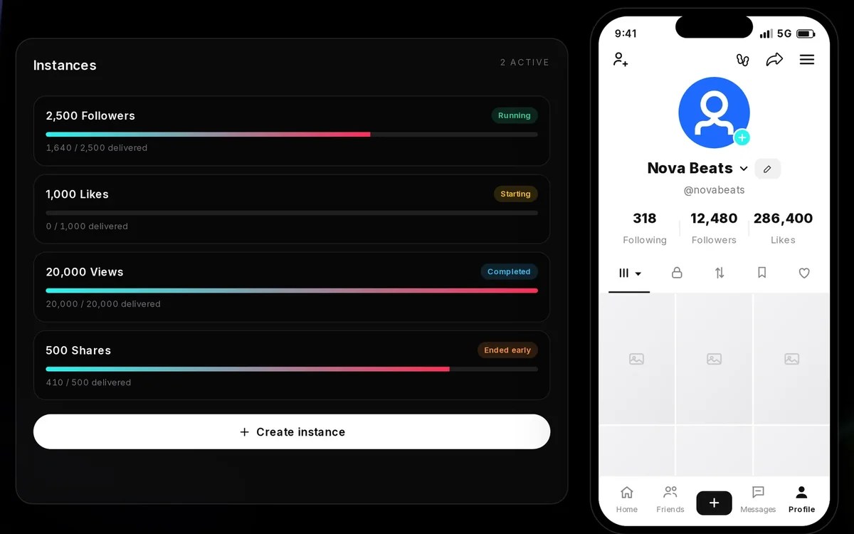 A TikTok account on the Socialbot dashboard: instances delivering followers, likes, views and shares next to a preview of the profile