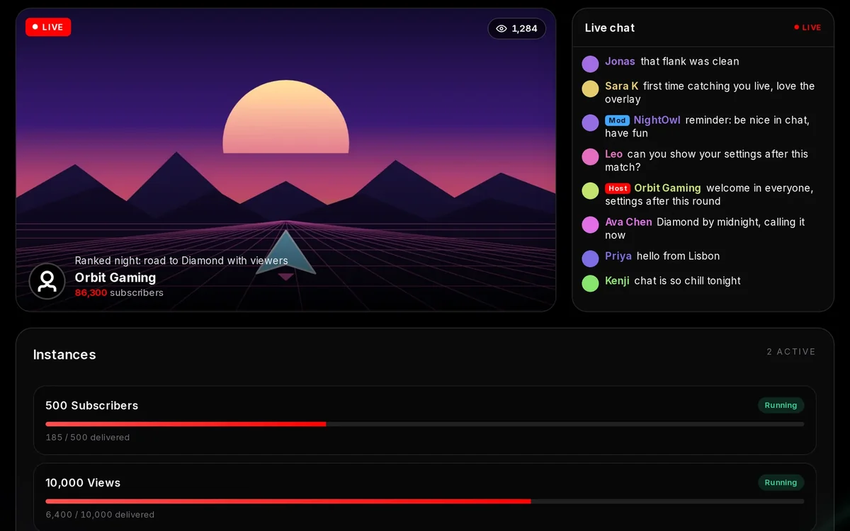 A YouTube channel live on the Socialbot dashboard: the stream with its viewer count, the live chat, and instances delivering below